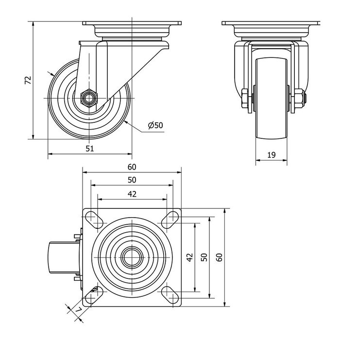 Ruedas Alex Rueda Giratoria Gris Carga Máx. 40 kg Placa Eje Liso Ø 5 cm