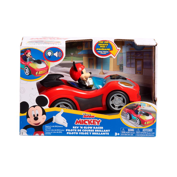 Just Play Vehículo Rev 'N Go Mickey Mouse 38587 - Coche de carreras Disney Junior con luces y sonidos, multilingüe