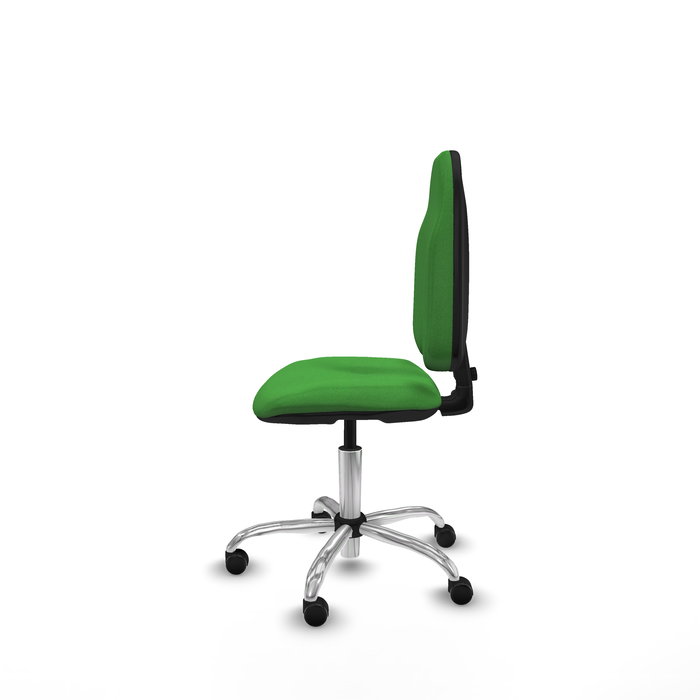 Silla de oficina Algarra con mecanismo Contacto permanente básico tapizada con Tela color Verde. Equipada con Base cromada, Sin brazos y Ruedas de parqué