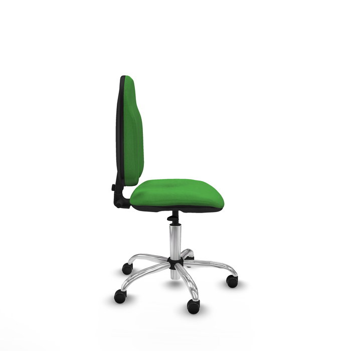 Silla de oficina Algarra con mecanismo Contacto permanente básico tapizada con Tela color Verde. Equipada con Base cromada, Sin brazos y Ruedas de parqué