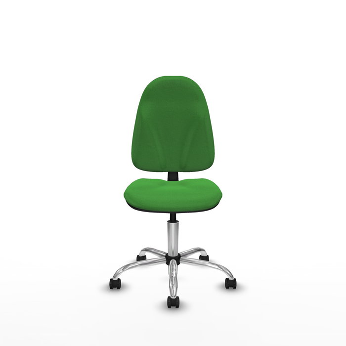 Silla de oficina Algarra con mecanismo Contacto permanente básico tapizada con Tela color Verde. Equipada con Base cromada, Sin brazos y Ruedas de parqué