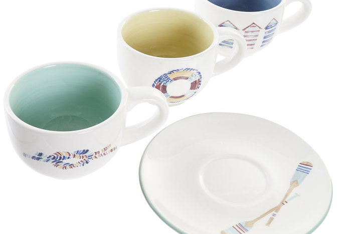 DKD Home Decor Set de 6 Tazas Cafe Mediterraneo Coleccion Salitre Azul Verde Dolomita 23 x 20 x 20 cm Capacidad 180ml Apto Microondas Lavavajillas