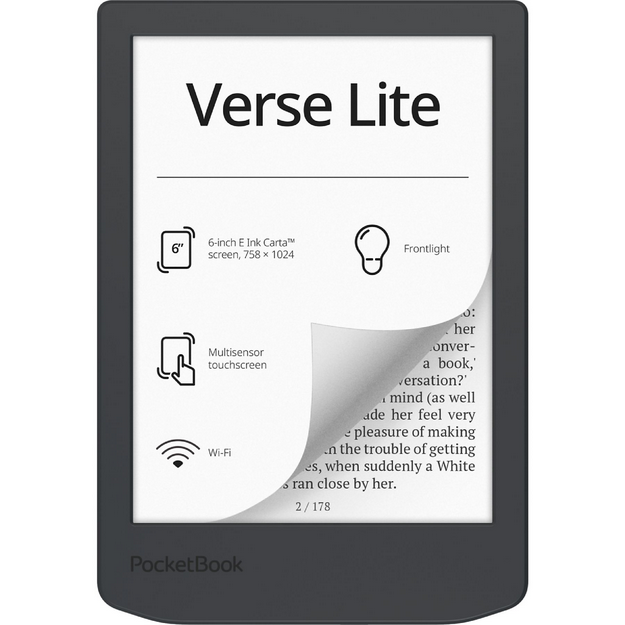 PocketBook Verse Lite - Lector de eBooks con pantalla táctil de 6" E Ink Carta, luz frontal, Wi-Fi, 8 GB, compatible con múltiples formatos