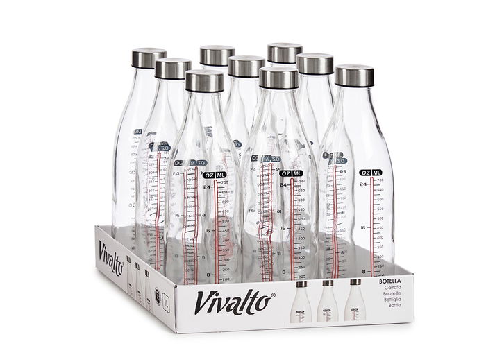 VIVALTO Botella Medidora de Cristal y Acero Inoxidable con Tapa, Capacidad 1L, Transparente, 8x8x0.3 cm (Set de 18)