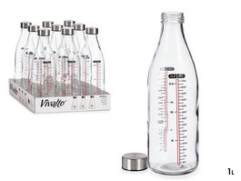 VIVALTO Botella Medidora de Cristal y Acero Inoxidable con Tapa, Capacidad 1L, Transparente, 8x8x0.3 cm (Set de 18)