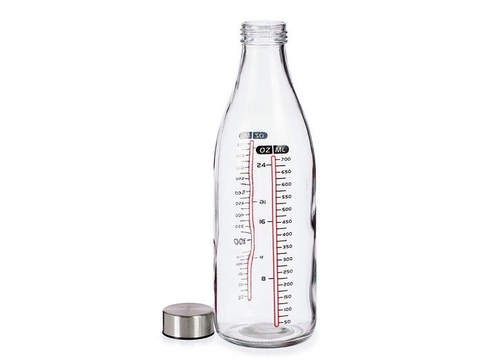 VIVALTO Botella Medidora de Cristal y Acero Inoxidable con Tapa, Capacidad 1L, Transparente, 8x8x0.3 cm (Set de 18)
