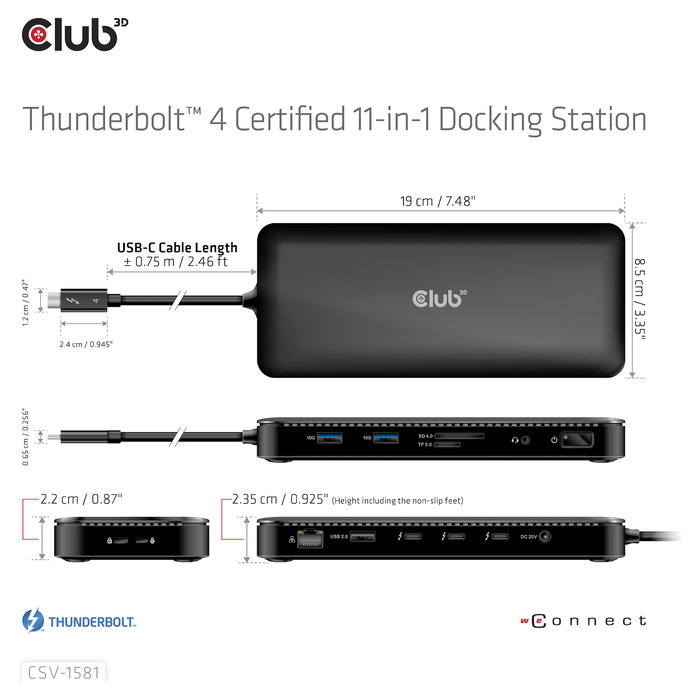 Club3D Thunderbolt4 11-in-1 Docking Station 2 Displays Negro, Thunderbolt 4, 140W, SD