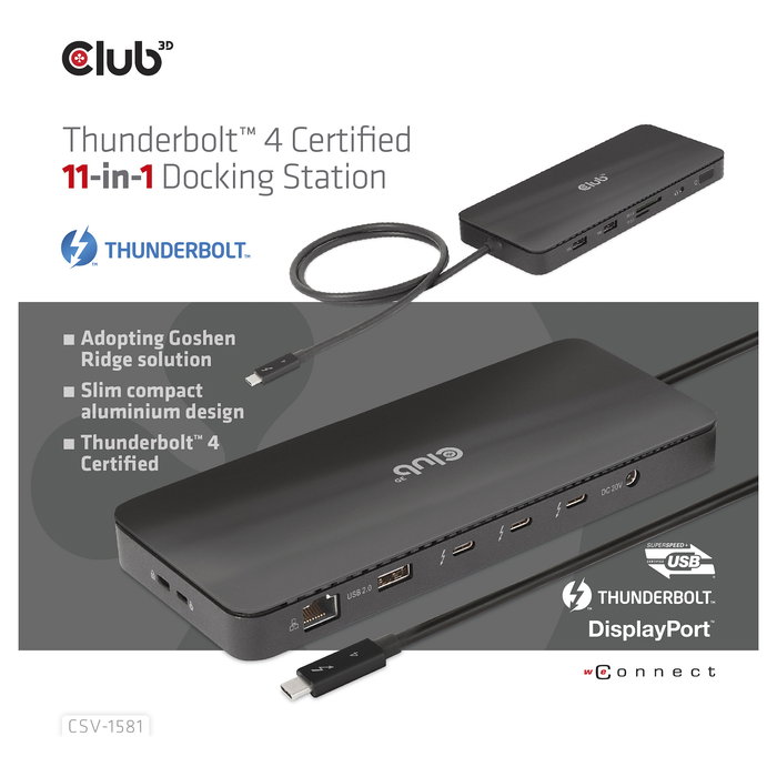 Club3D Thunderbolt4 11-in-1 Docking Station 2 Displays Negro, Thunderbolt 4, 140W, SD