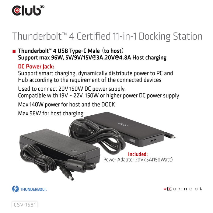 Club3D Thunderbolt4 11-in-1 Docking Station 2 Displays Negro, Thunderbolt 4, 140W, SD