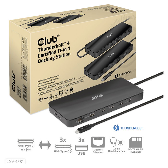Club3D Thunderbolt4 11-in-1 Docking Station 2 Displays Negro, Thunderbolt 4, 140W, SD