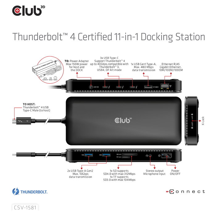 Club3D Thunderbolt4 11-in-1 Docking Station 2 Displays Negro, Thunderbolt 4, 140W, SD