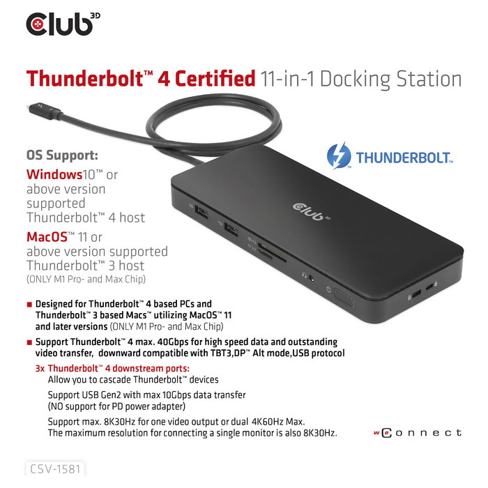 Club3D Thunderbolt4 11-in-1 Docking Station 2 Displays Negro, Thunderbolt 4, 140W, SD