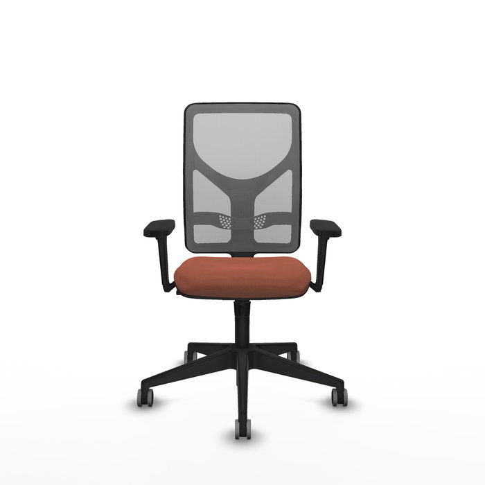 Silla de oficina Motilla con mecanismo Sincro tapizada con Tela color Marrón y malla color Gris. Equipada con lumbar 1D, Brazos 3D y Ruedas 65 mm parqué