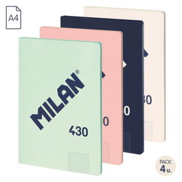 MILAN Paquete de 4 libretas encoladas A4, 48 hojas, cuadrícula 5x5, colores surtidos