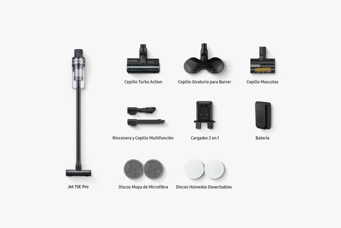 Samsung VS20B75ADR5 Aspiradora Escoba 2 en 1 Inalámbrica Sin Bolsa, 200AW, Filtro HEPA 99.999%, Batería 60 Min, Fregadora Giratoria, 0.8L, Gris y Negro