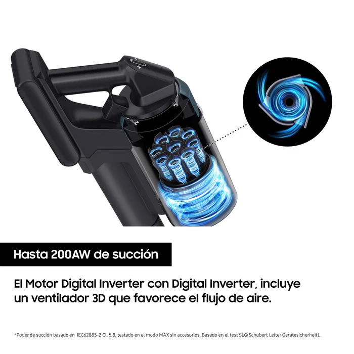 Samsung VS20B75ADR5 Aspiradora Escoba 2 en 1 Inalámbrica Sin Bolsa, 200AW, Filtro HEPA 99.999%, Batería 60 Min, Fregadora Giratoria, 0.8L, Gris y Negro