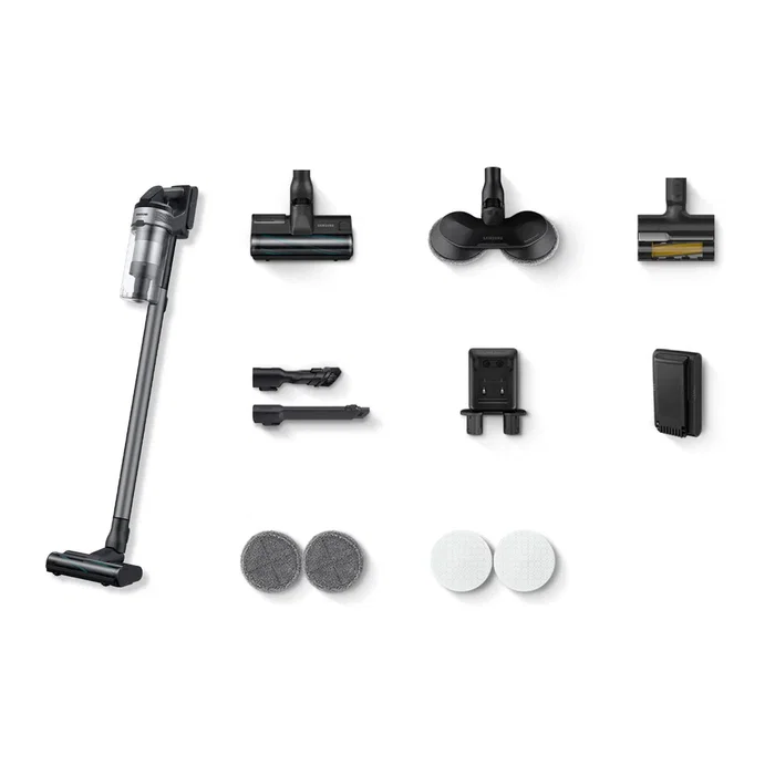 Samsung VS20B75ADR5 Aspiradora Escoba 2 en 1 Inalámbrica Sin Bolsa, 200AW, Filtro HEPA 99.999%, Batería 60 Min, Fregadora Giratoria, 0.8L, Gris y Negro