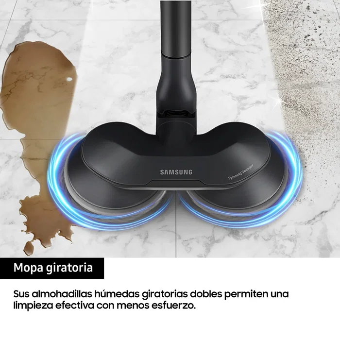 Samsung VS20B75ADR5 Aspiradora Escoba 2 en 1 Inalámbrica Sin Bolsa, 200AW, Filtro HEPA 99.999%, Batería 60 Min, Fregadora Giratoria, 0.8L, Gris y Negro