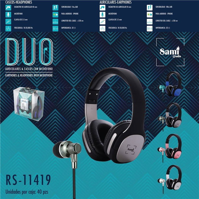 SAMI Sami Duo Pack Casco y Auriculares con Micrófono Acolchados