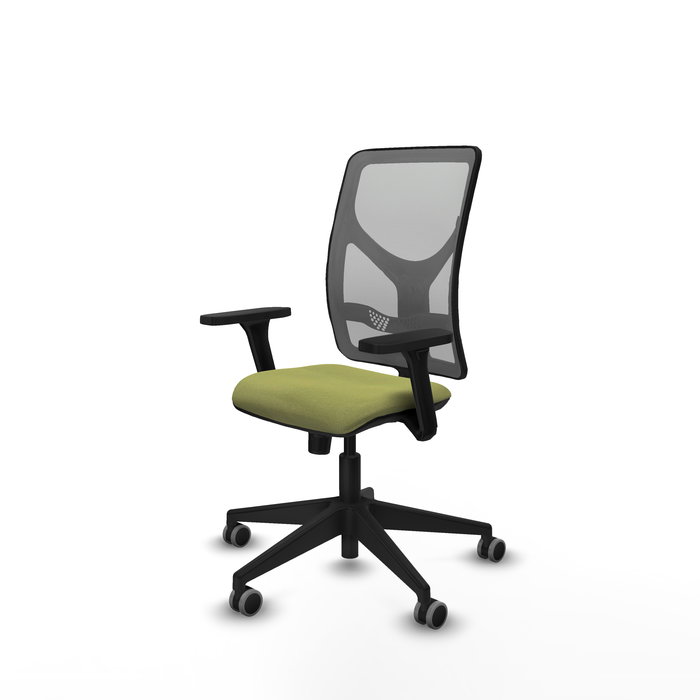 Silla de oficina Motilla con mecanismo Sincro tapizada con Tela color Verde oliva y malla color Gris. Equipada con lumbar 1D, Brazos 3D y Ruedas 65 mm parqué
