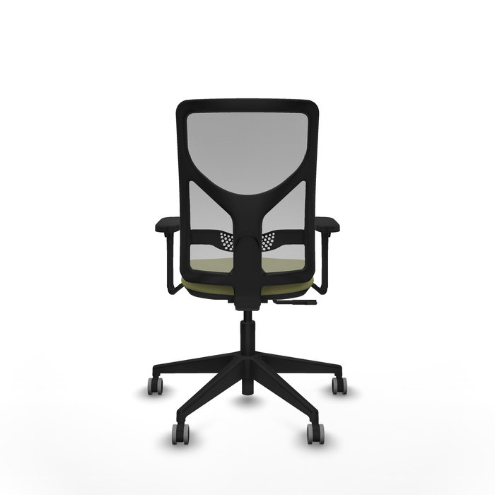 Silla de oficina Motilla con mecanismo Sincro tapizada con Tela color Verde oliva y malla color Gris. Equipada con lumbar 1D, Brazos 3D y Ruedas 65 mm parqué