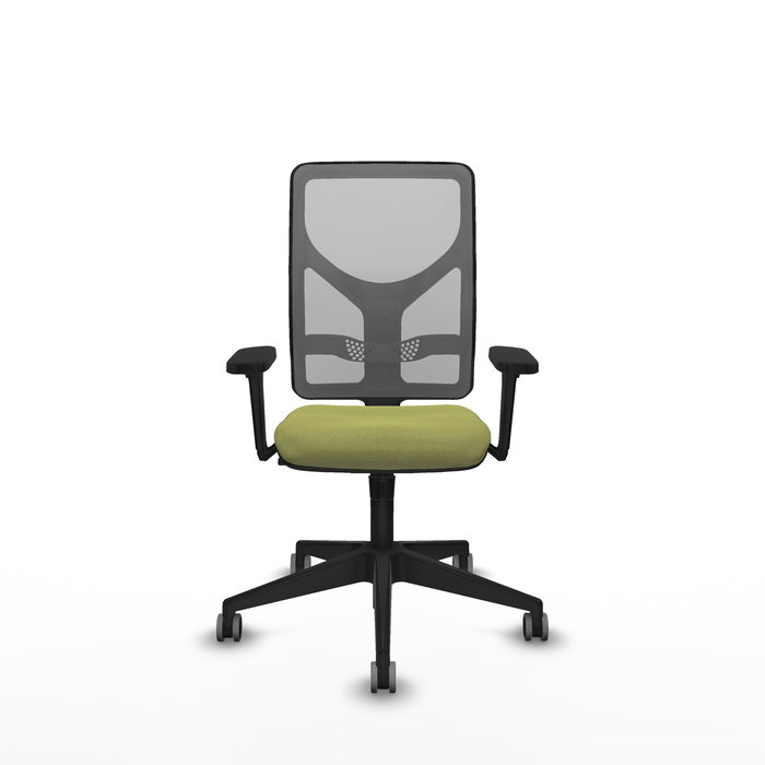Silla de oficina Motilla con mecanismo Sincro tapizada con Tela color Verde oliva y malla color Gris. Equipada con lumbar 1D, Brazos 3D y Ruedas 65 mm parqué