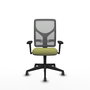 Silla de oficina Motilla con mecanismo Sincro tapizada con Tela color Verde oliva y malla color Gris. Equipada con lumbar 1D, Brazos 3D y Ruedas 65 mm parqué