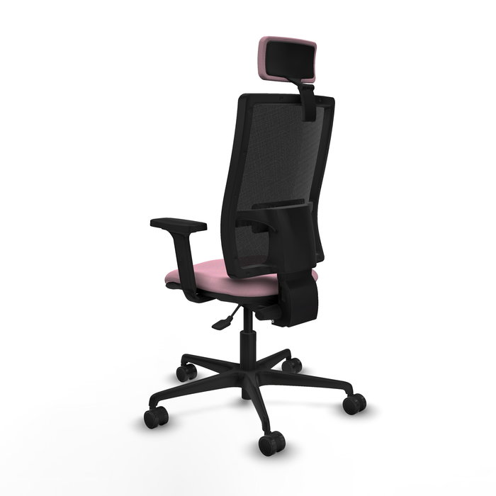 Silla de oficina Bormate con mecanismo Asincro tapizada con Tela color Rosa y malla color Negro. Equipada con lumbar 1D, Brazos 2D, Cabecero 2D y Ruedas 65mm nailon