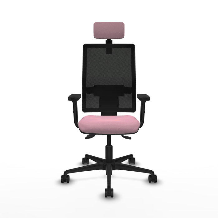 Silla de oficina Bormate con mecanismo Asincro tapizada con Tela color Rosa y malla color Negro. Equipada con lumbar 1D, Brazos 2D, Cabecero 2D y Ruedas 65mm nailon