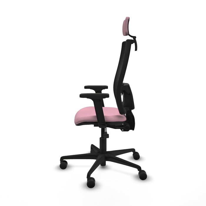 Silla de oficina Bormate con mecanismo Asincro tapizada con Tela color Rosa y malla color Negro. Equipada con lumbar 1D, Brazos 2D, Cabecero 2D y Ruedas 65mm nailon