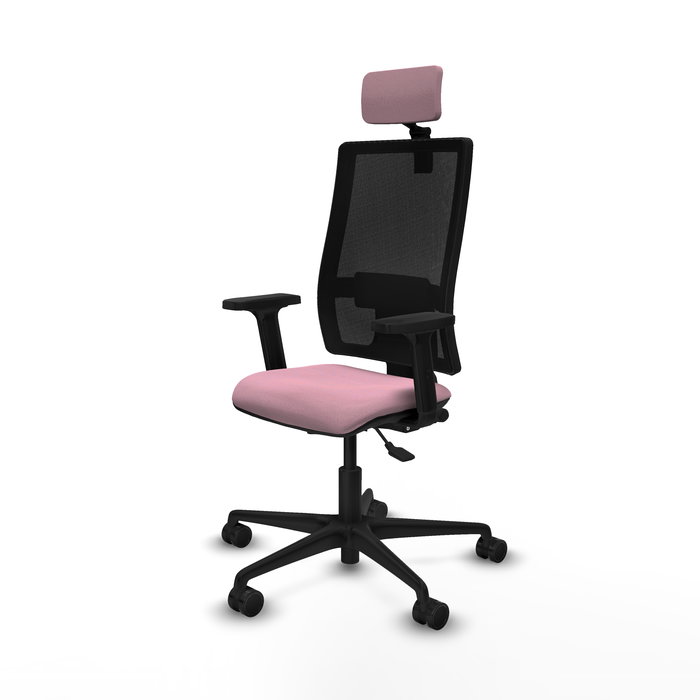 Silla de oficina Bormate con mecanismo Asincro tapizada con Tela color Rosa y malla color Negro. Equipada con lumbar 1D, Brazos 2D, Cabecero 2D y Ruedas 65mm nailon
