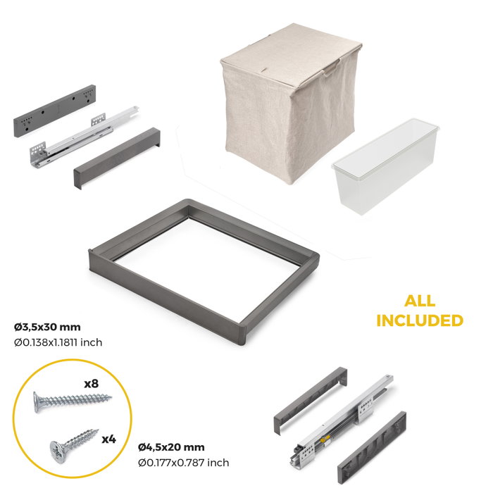 Emuca Kit de bandeja auxiliar, cesto y bastidor regulable Quartz para armarios, guías de cierre suave y extracción total, Módulo 60cm, Acabado Titanio