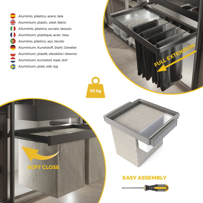 Emuca Kit de bandeja auxiliar, cesto y bastidor regulable Quartz para armarios, guías de cierre suave y extracción total, Módulo 60cm, Acabado Titanio