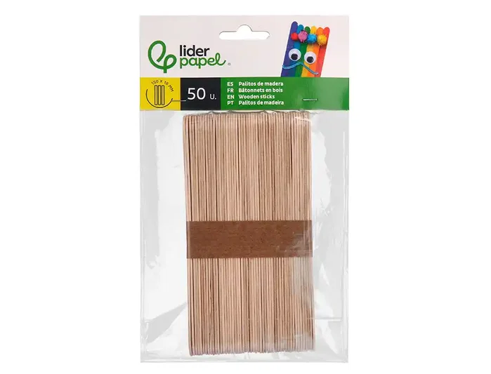 Liderpapel Palillo de madera color natural 15 x 1,8 cm, bolsa de 50 unidades