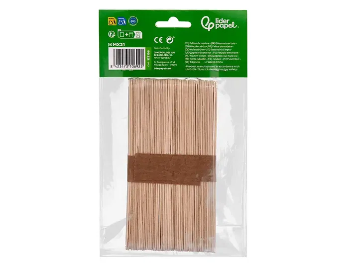 Liderpapel Palillo de madera color natural 15 x 1,8 cm, bolsa de 50 unidades