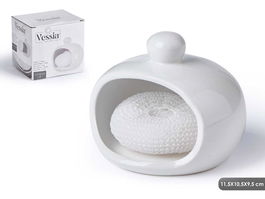 Vessia Estropajero Blanco de Cerámica con Esponja, 12x10x10.5 cm (Set de 24)