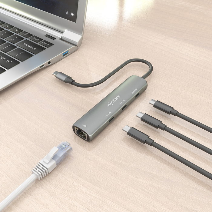 AISENS Dock USB-C a Ethernet Gigabit + Hub 3xUSB-C, Gris, 15cm