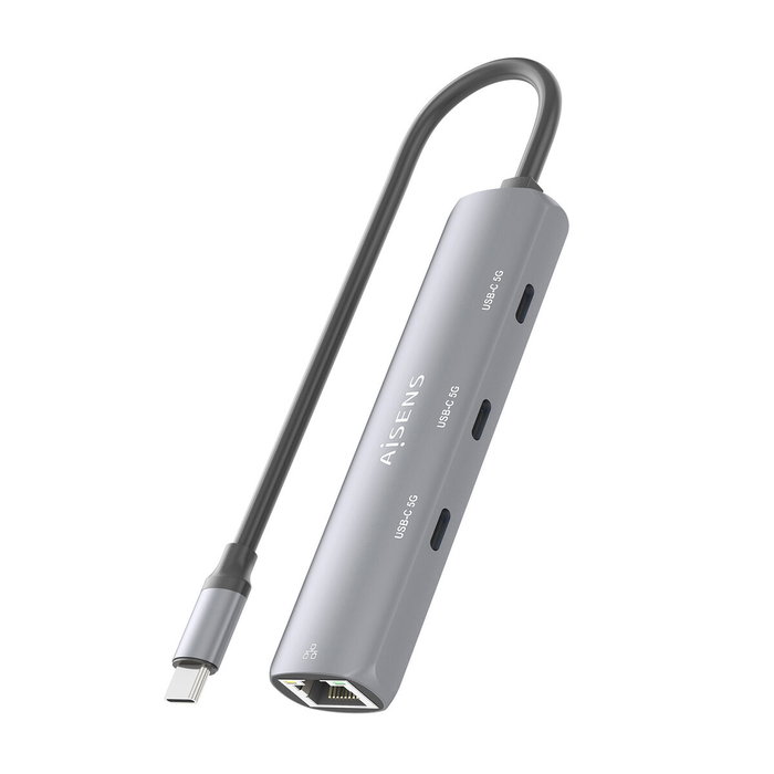 AISENS Dock USB-C a Ethernet Gigabit + Hub 3xUSB-C, Gris, 15cm