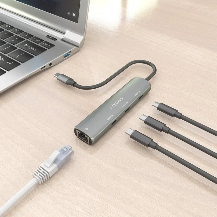 Aisens Dock USB-C a Ethernet Gigabit + Hub 3xUSB-C, Gris