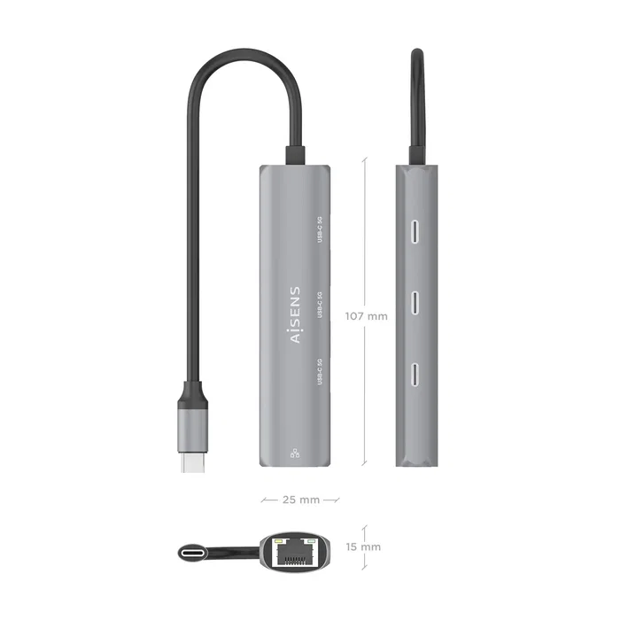 Aisens Dock USB-C a Ethernet Gigabit + Hub 3xUSB-C, Gris