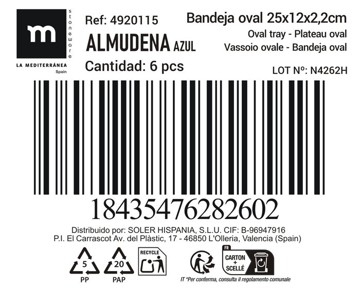 La Mediterranea Bandeja Oval 25 x 12 cm Azul "Almudena" Md (24 Unidades)