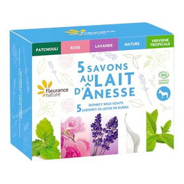 FLEURANCE NATURE Cofre 5 Jabones Leche de Burra Natural, Rosa, Lavanda, Verbena Exótica y Patchuli
