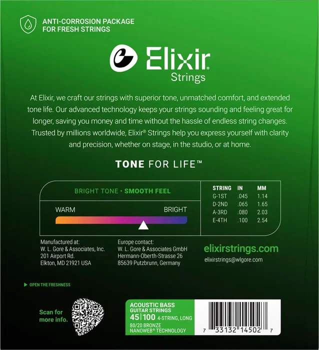 Elixir Juego Bajo Acústico Nanoweb 80/20 Bronze Light Calibre 45-100