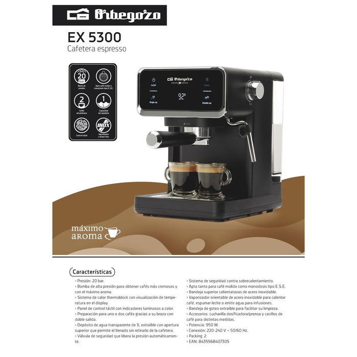 Orbegozo EX 5300 Cafetera de Espresso Automática con Bomba 20 Bares 950W, para Café Molido y Monodosis ESE, Incluye Vaporizador