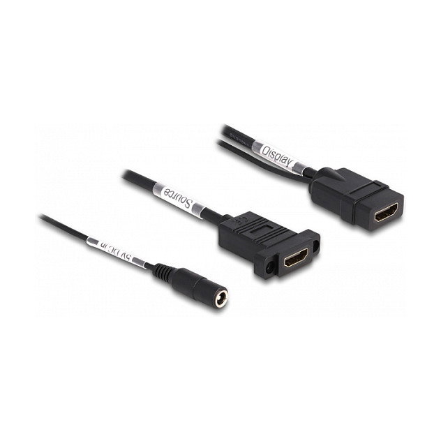 DeLOCK Cable HDMI 4K 60 Hz con alimentación CC 2,1 x 5,5 mm 0,30 m para montaje en panel