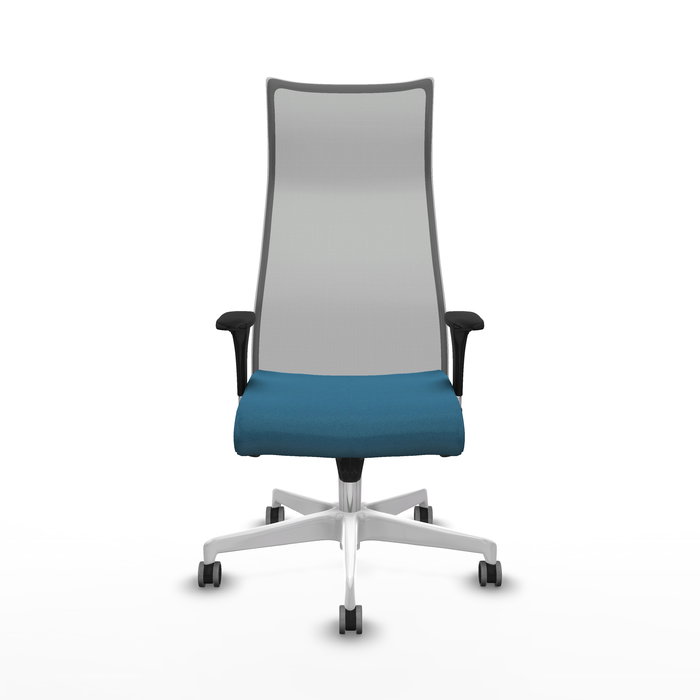 Sillón Albacete con mecanismo Sincro tapizada con Tela color Verde petróleo y malla color Gris. Equipado con Base poliamida blanca, Brazos 1D y Ruedas 65 mm parqué