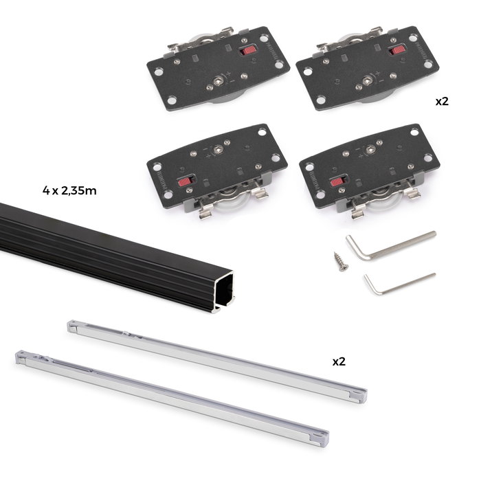 Emuca Kit de herrajes para armario 2 puertas correderas y cierre suave Flow2 con carriles encastrados 2.35m, tableros no incluidos, Pintado negro