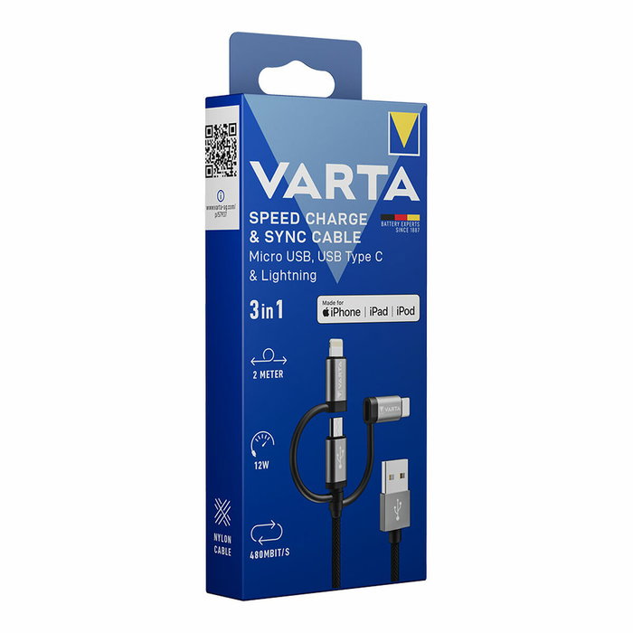 Varta Cable 3 en 1 USB-A, Lightning, Micro USB y Tipo C