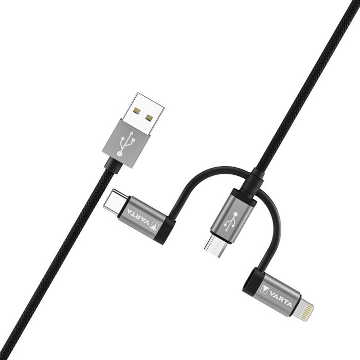 Varta Cable 3 en 1 USB-A, Lightning, Micro USB y Tipo C