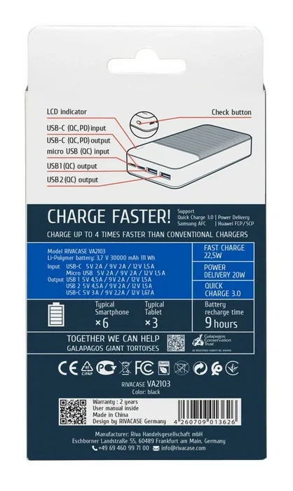 Rivacase VA2103 Batería Externa 30000 mAh 22,5W Negro